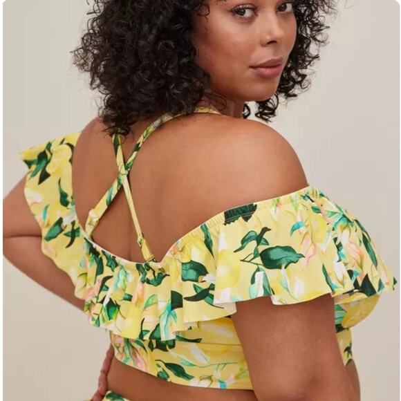 Torrid Lemon Leaves Yellow Off Shoulder Ruffle Swim Top 2X NWT 16915160 - Picture 3 of 11